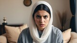 Angry frustrated arab young female woman staring at the camera on a living room home background from Generative AI