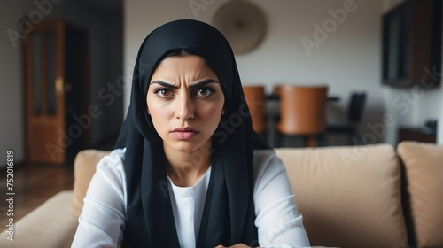 Angry frustrated arab young female woman staring at the camera on a living room home background from Generative AI