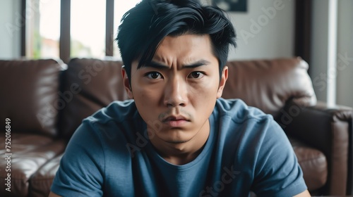 Angry frustrated asian young male man staring at the camera on a living room home background from Generative AI