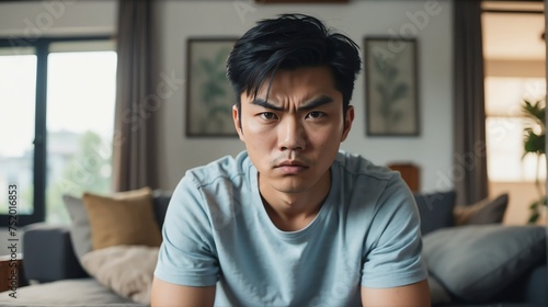 Angry frustrated asian young male man staring at the camera on a living room home background from Generative AI