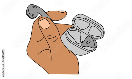 line art color of hand holding wireless earphone