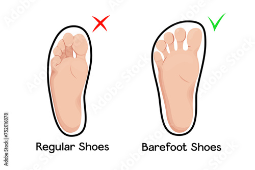 Compare feet in barefoot and regular shoes vector illustration.