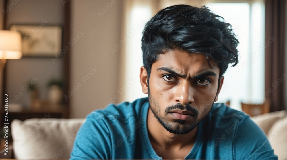 Angry frustrated indian young male man staring at the camera on a living room home background from Generative AI Angry frustrated indian young male man staring at the camera on a living room home background from Generative AI