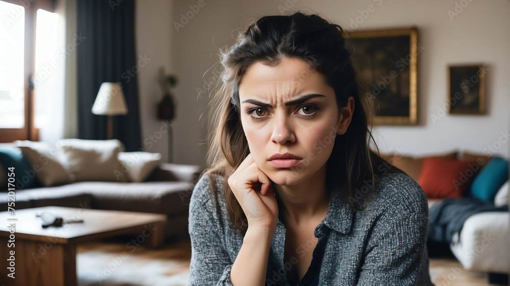 Angry frustrated italian young female woman staring at the camera on a living room home background from Generative AI Angry frustrated italian young female woman staring at the camera on a living room home background from Generative AI