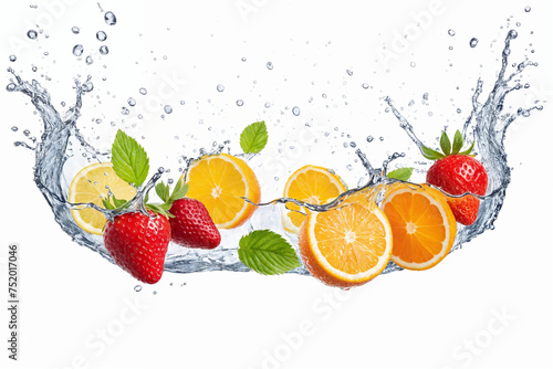 Strawberries and oranges falling into water. Generative Ai © SOLOTU