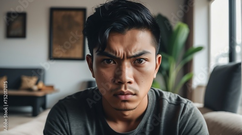 Angry frustrated japanese young male man staring at the camera on a living room home background from Generative AI