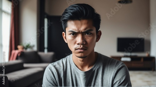 Angry frustrated japanese young male man staring at the camera on a living room home background from Generative AI