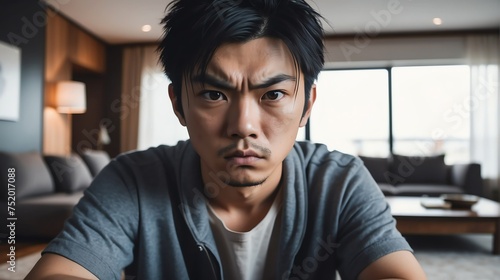 Angry frustrated japanese young male man staring at the camera on a living room home background 9 from Generative AI