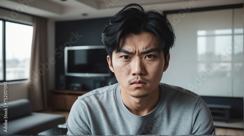 Angry frustrated korean young male man staring at the camera on a living room home background from Generative AI