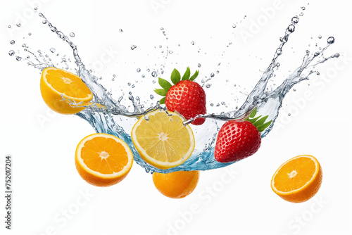 Strawberries and oranges falling into water. Generative Ai