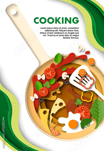 Cooking paper cut poster template with frying pan and ingredient