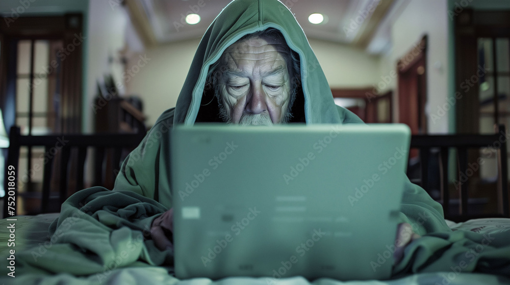Elderly man using laptop in a room Elderly man using laptop in a room
