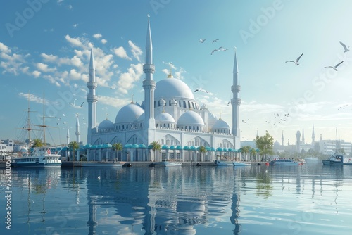 A beautiful blue ocean with a white mosque building in the background