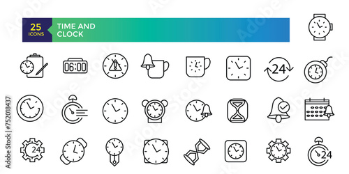 Time and Clock line icons about location, time and date. Contains such icons as clock, schedule, calendar and pin. Vector illustration.