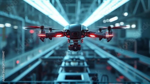 A detailed shot of an et being scanned and recorded by an IIoTenabled drone as it flies through the factory to complete a routine inventory check.