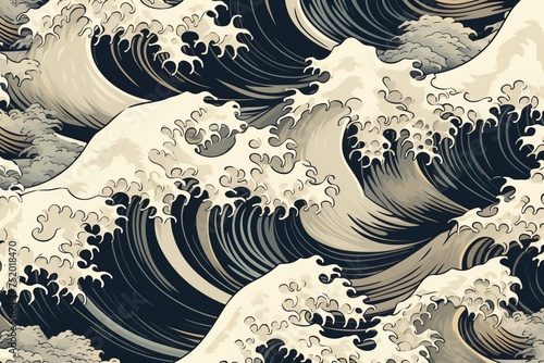 A fusion of vintage aesthetics and Japanese artistic elements, featuring natural patterns of waves in a unique and captivating drawing, Generative AI