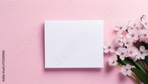 pink cherry blossom on paper. spring background, Mockup for Mother's Day holiday, birthday, on light pink background, with sakura flowers , for party invitation design, with copy 