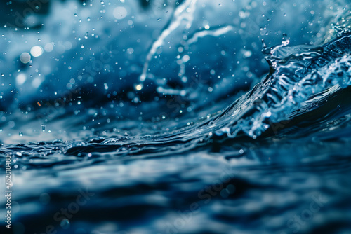 Close-up of a blue wave cresting, detailed water droplets suspended in time