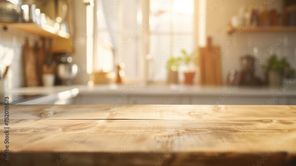 Table Wooden Kitchen Banner with Abstract warm tone, Blurred Background, Empty Space for Product Display in Modern Living, Empty Beautiful wood table top and blurred bokeh modern kitchen background Table Wooden Kitchen Banner with Abstract warm tone, Blurred Background, Empty Space for Product Display in Modern Living, Empty Beautiful wood table top and blurred bokeh modern kitchen background