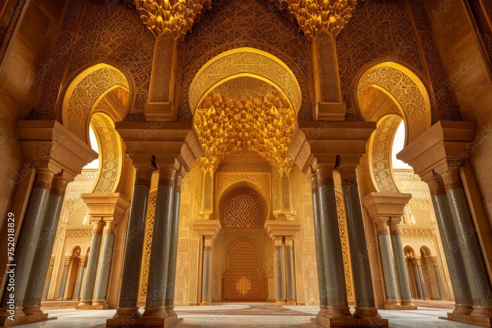 Golden alcoves and a central niche within a resplendent mosque