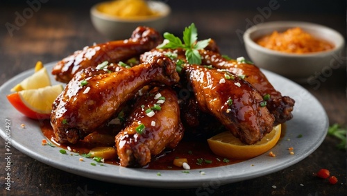 Succulent chicken wings coated in shiny glaze on a plate with lemon wedges