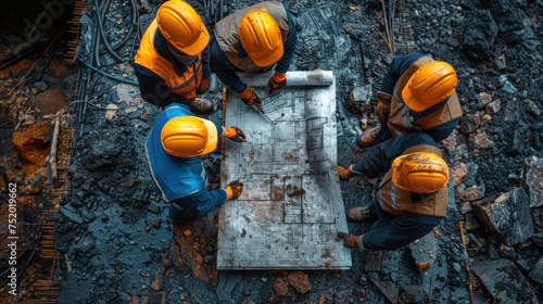 4 construction workers examining a blueprint on construction site. top view © tong2530