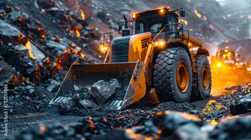 A yellow wheel loader works to scoop rocks in a cement factory.