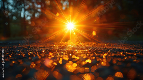 Abstract sun burst, lens flare effects over black background.