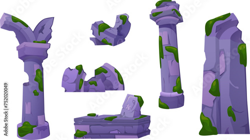 Ancient ruins set - destroyed architecture or monuments of old civilizations and tribal culture. Cartoon vector collection of ruined medieval antique constructions stones and columns with moss.