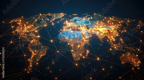 Illuminated network lines connecting over a global map at night. photo