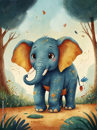 Illustration of a joyful baby elephant with painted decorations in a lush green forest, symbolizing happiness and playfulness
