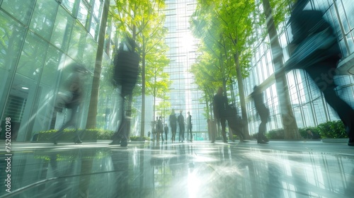 People in motion in a sunlit  tree-lined corporate glass building lobby.
