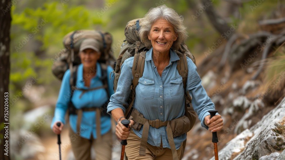 Two elderly people actively walking outdoors in nature, embodying a healthy lifestyle. Ai generative Two elderly people actively walking outdoors in nature, embodying a healthy lifestyle. Ai generative