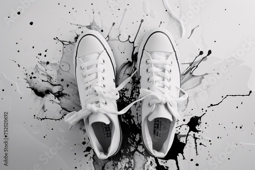 White Sneakers Stained with Splatters of Ink on a White Floor