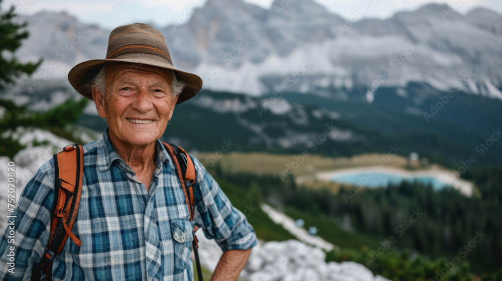 An elderly man outdoors, wearing a hat, smiling, with a backpack, surrounded by nature. Ai generative