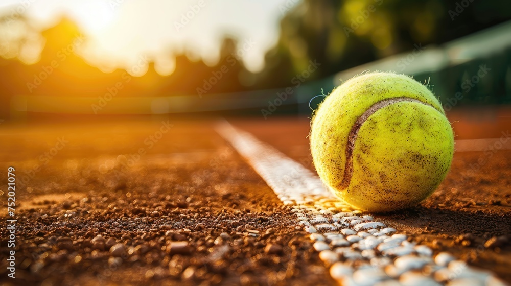 Tennis ball on clay court at sunset.