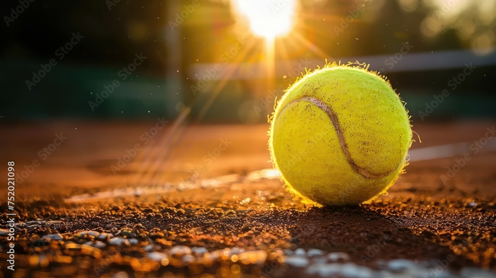 Tennis ball on clay court with sun rays.