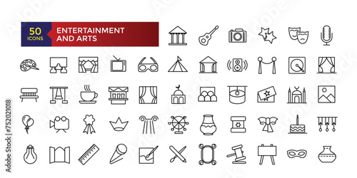 Entertainment and Arts line icons collection. Big UI icon set in a flat design. Thin outline icons pack. Vector illustration.
