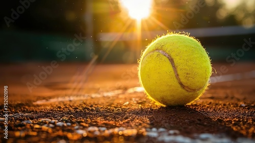 Tennis ball on clay court with sun rays. © AdriFerrer