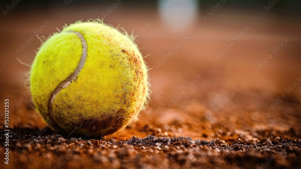 Tennis ball on clay court with visible texture.