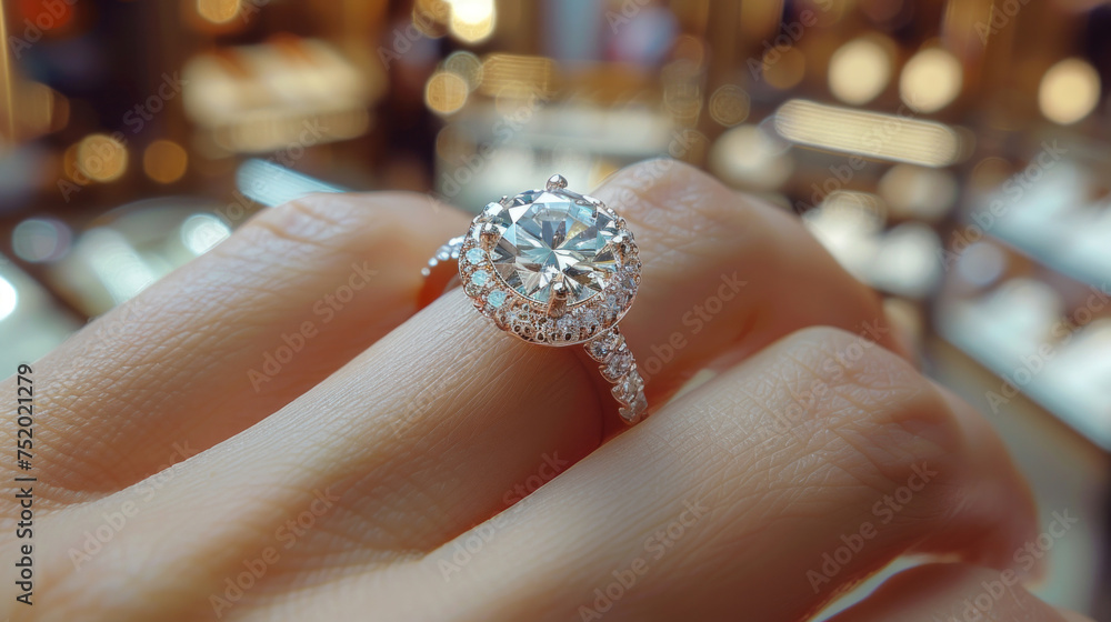 Close up of Engagement ring in woman's hand at jewelry store. Close up of Engagement ring in woman's hand at jewelry store.