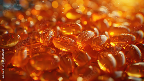 Close up of Fish oil omega 3 gel capsules.