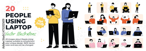 People using laptop Concept. Mega Sets. Collection of scenes of Men and Women using their laptops to work and study. Vector Illustration