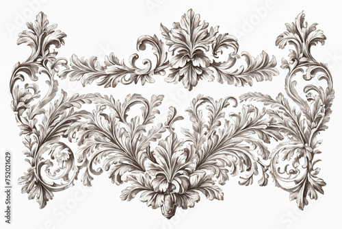 Victorian Baroque ornament decorative filigree elements. Design set. Hand drawn engraving. Vector vintage illustration. Isolated on white background. Generative Ai