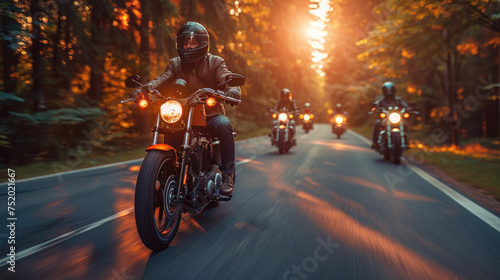 Group of cruiser-chopper motorcycle riders on the road. © tong2530