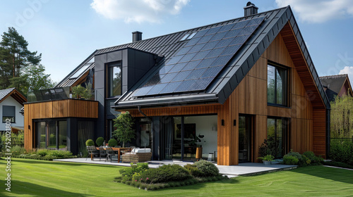 Solar panels on the gable roof, New modern eco friendly passive house with a photovoltaic system on the roof. photo