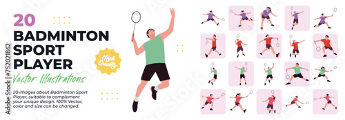 Badminton Sport Player Illustration. collection scenes of male and female holding racket and doing Badminton Sport. Vector Illustration