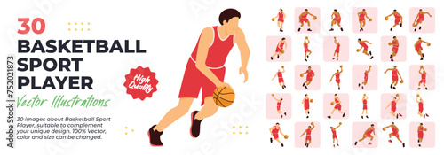 Basketball Sport Player Illustration. 30 Images. Great Bundle.  Collection scenes of Basketball Player doing various style