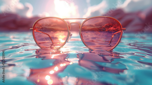 Pink glasses  water and sunset with beach landscape or blue sky. Tropical paradise  dream holiday or island vacation. Background  summer wallpaper and relaxation in nature  sun and blue sea waves