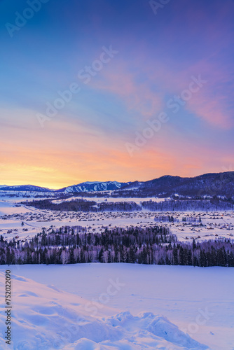 Hemu Village, Snowy Mountains, Forests, and Winter Snow Scenery in Xinjiang Uygur Autonomous Region, China